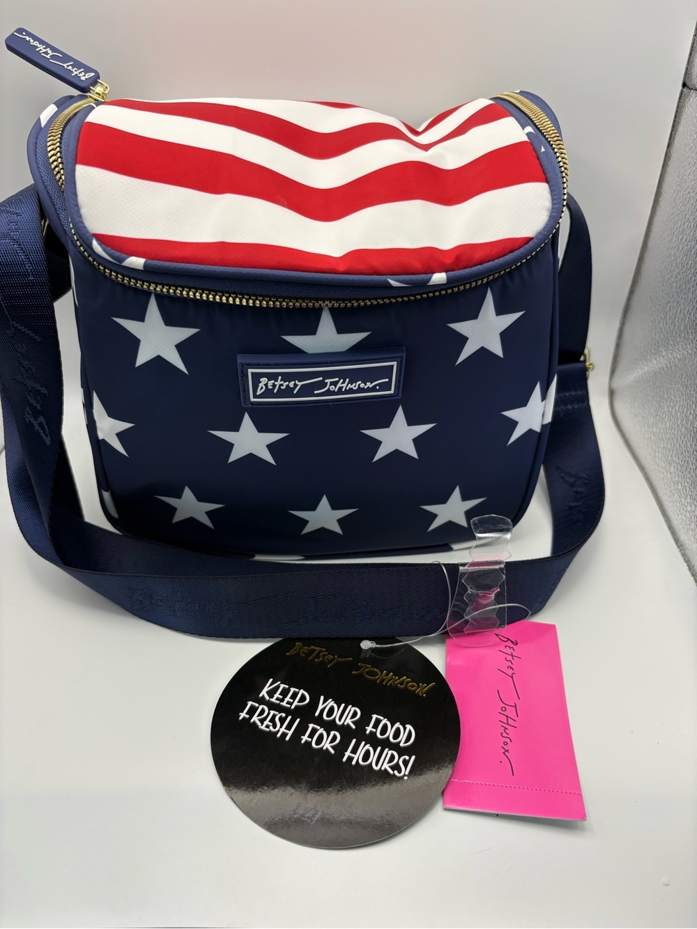 Betsey Johnson Navy White Red Stars & Stripes Crossbody Cooler Lunch Bag
